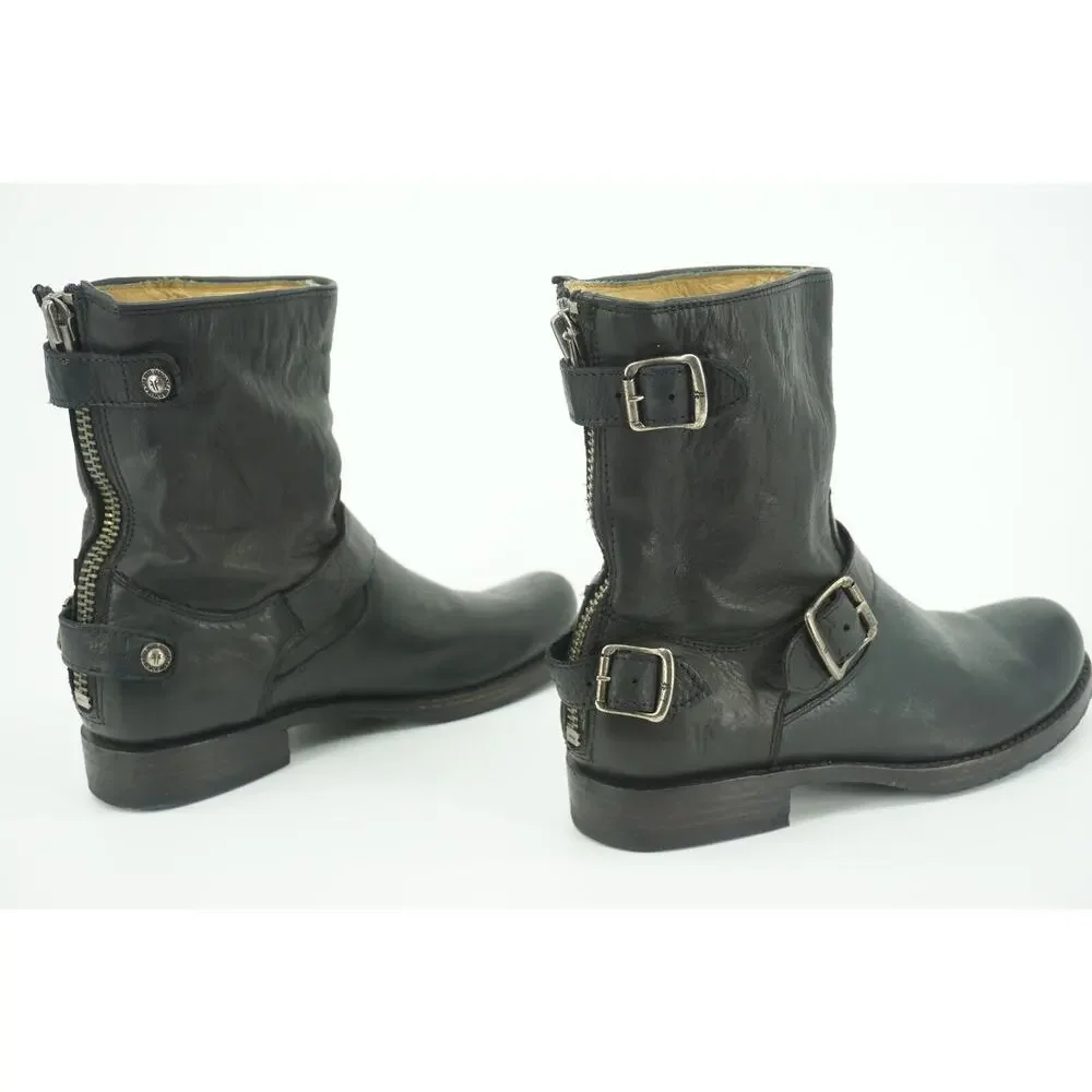 Frye Veronica Shortie Black Leather Biker Boots size 7.5 Slouchy Buckle